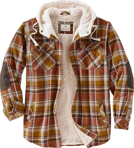 Men'S Hooded Shirt Jacket Plaid Flannel Berber Lined Polyfill Insulated